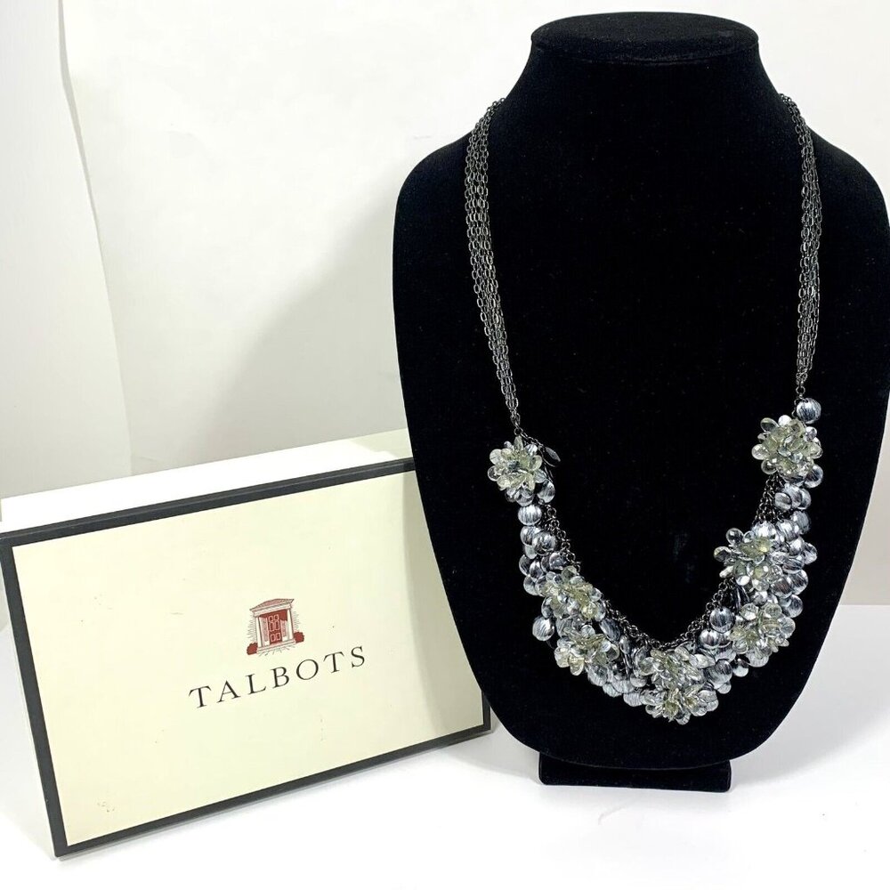 TALBOTS Cluster Bead Flowers Gun Metal Gray Bib Necklace Faceted Beads NWT & Box